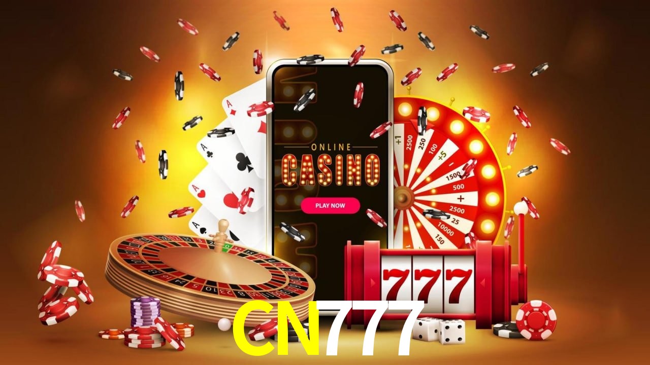 Una escena digital vívida inspirada en casino con CN777 mostrado prominentemente, luces brillantes, fichas, cartas y acentos dorados.